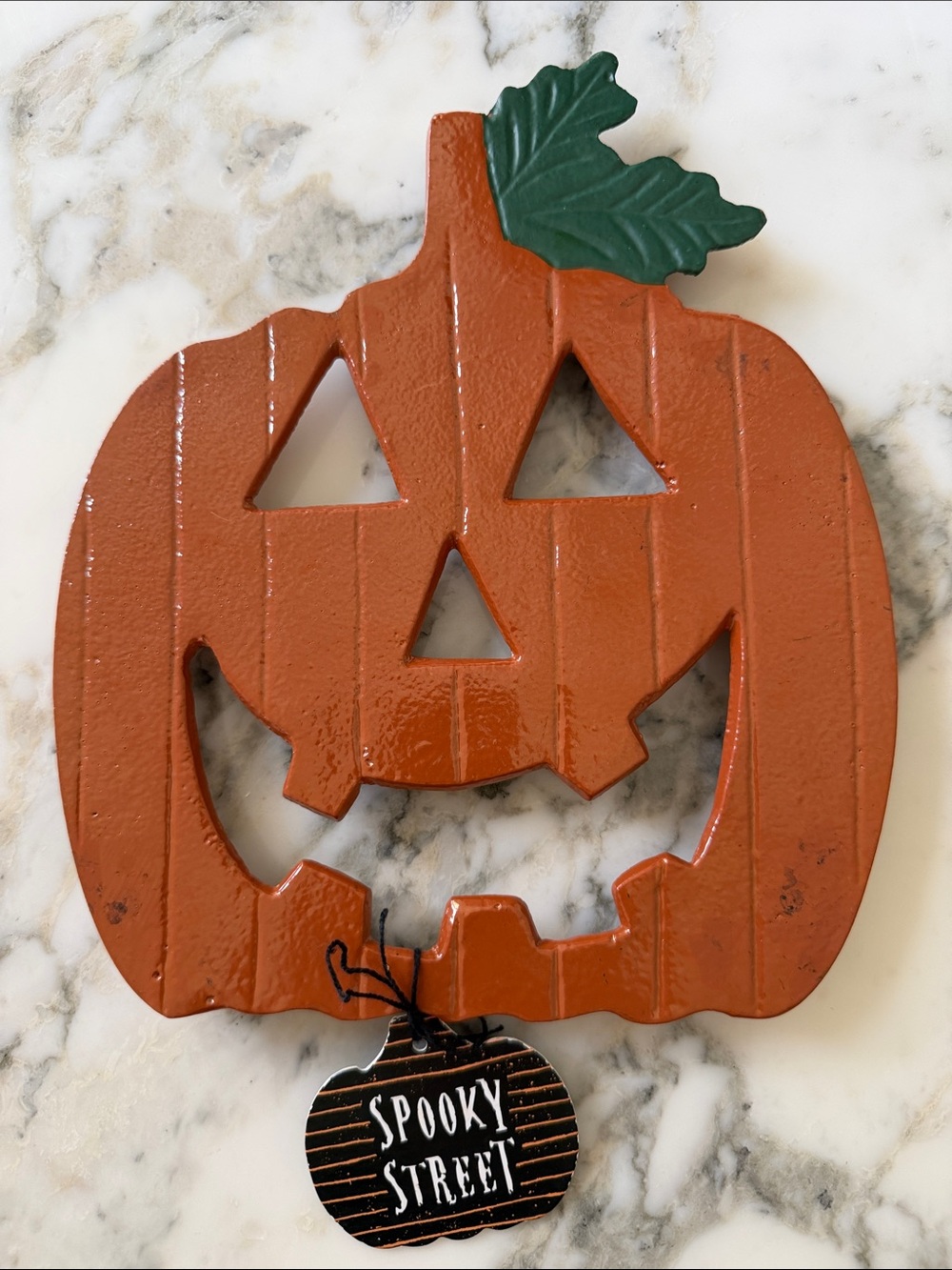 NWT Spooky Street rustic painted metal Jack O Lantern orange pumpkin trivet